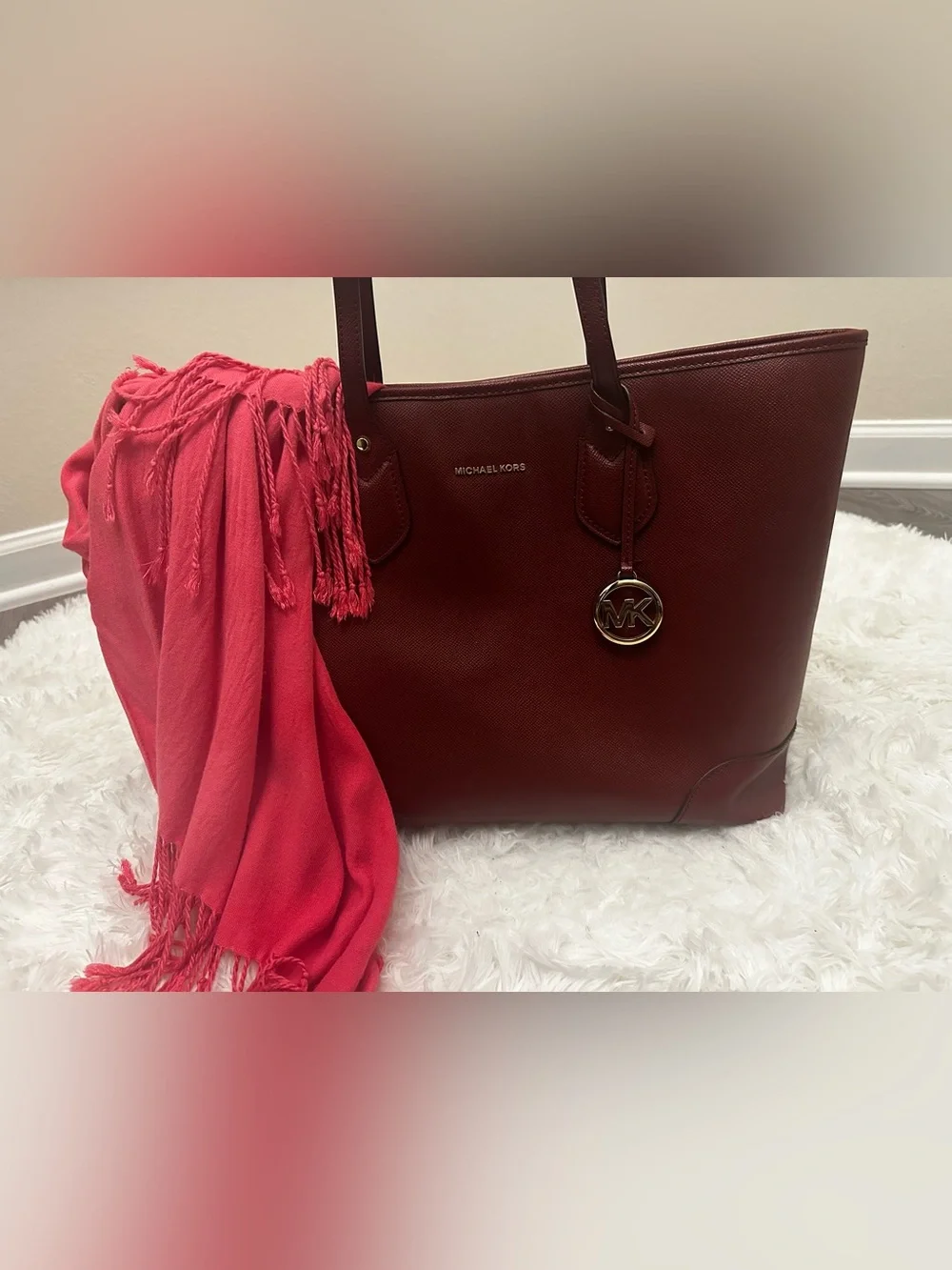 Michael Kors Deep Red Saffiano Leather Tote with Gold MK Charm